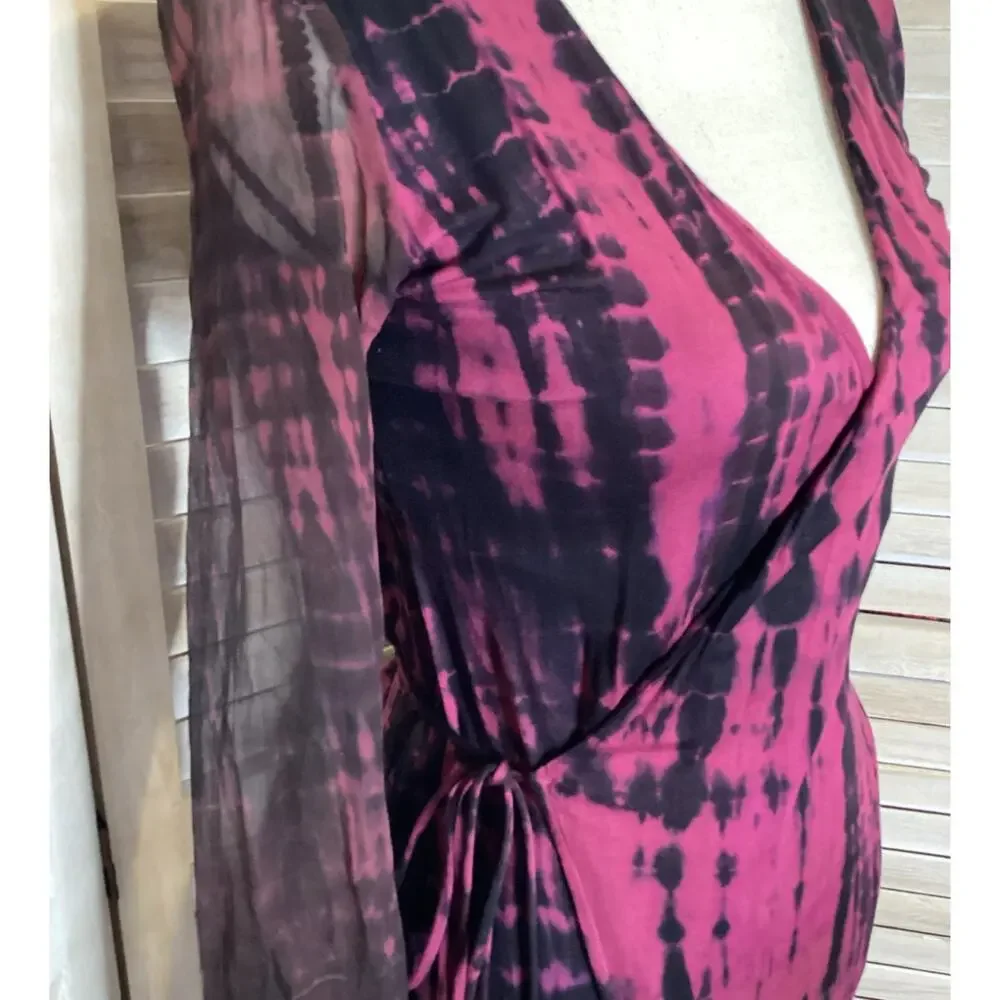 Indah Burgundy Black Tie Dye Slinky Full Length Wrap Maxi Dress S